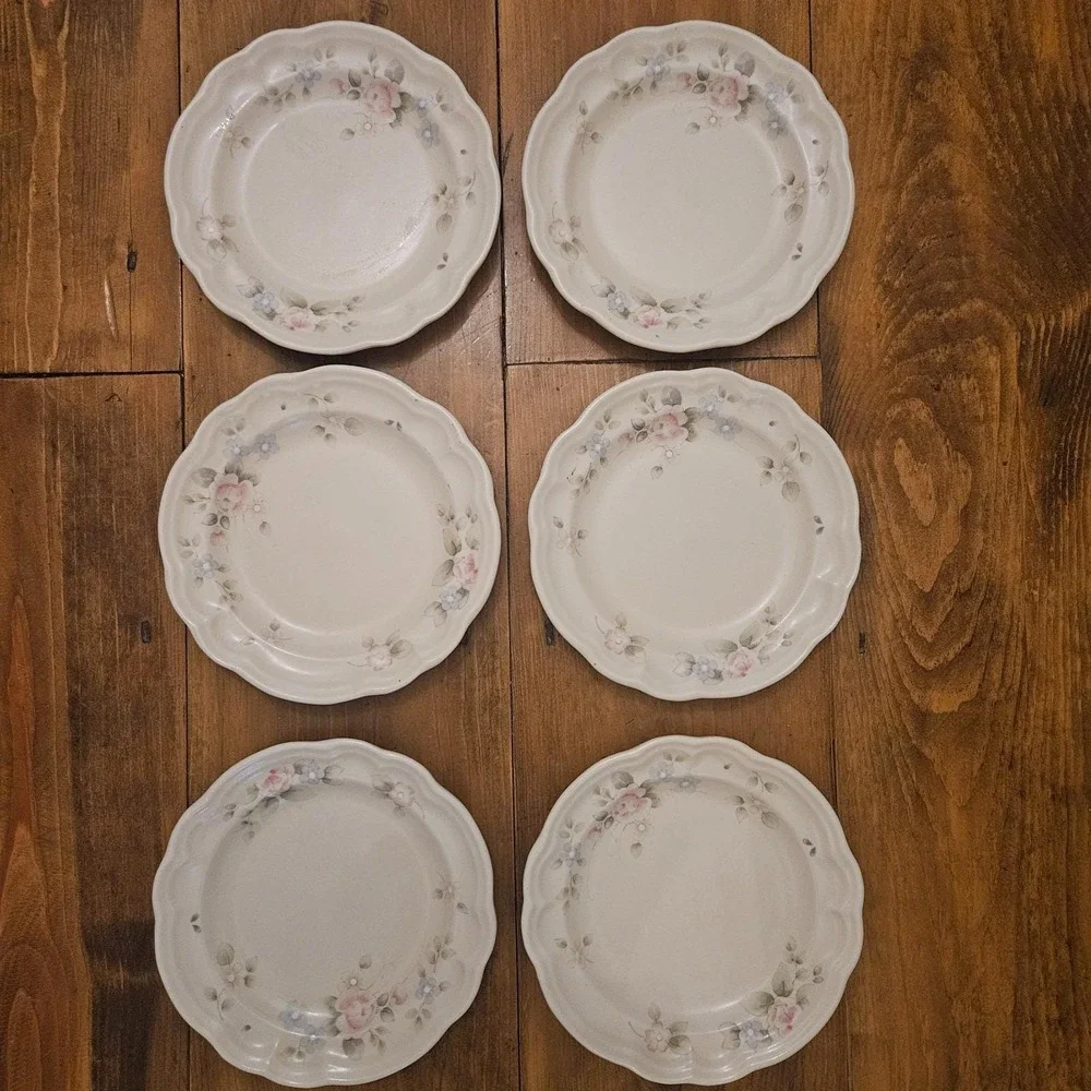 Vintage Pfaltzgraff Tea Rose Set of 6 Salad Dessert Plates Pink Blue Floral USA